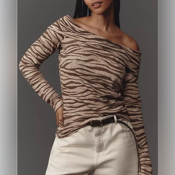 Anthropologie Tops - NWT Anthropologie Off The Shoulder Long Sleeve Top Brown Zebra Size M